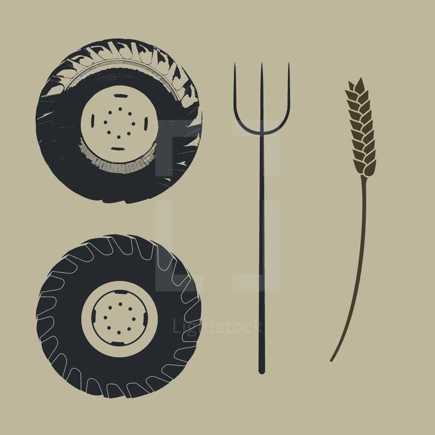 tractor wheels, pitch fork, wheat stalk, farm, illustration 