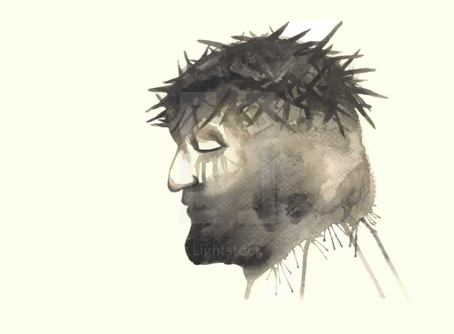 Vector watercolor portrait of Jesus just before being crucified.