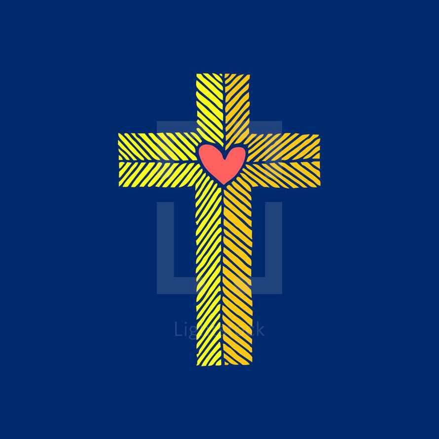Cross of the Lord and Savior Jesus Christ with a heart, drawn by hand. Christian and biblical symbols.