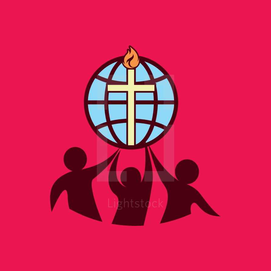 flame, fellowship, people, silhouettes, cross, globe, icon, symbol