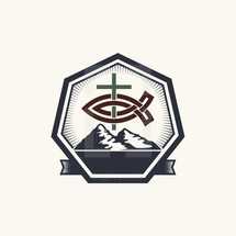 badge, banner, cross, Jesus fish, fish, mountain, mountain peaks, icon
