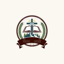 banner, arrows, badge, mountains, cross, Bible, diamond, leaves, forest, mountains, icon, camp 
