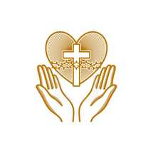 Church logo. Christian symbols. Praying hands are directed to the heart with the crown of thorns of Jesus Christ.
