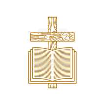 Church logo. Christian symbols. Wooden cross of Jesus Christ and the Holy Scripture.	