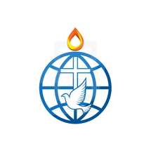 dove, cross, globe, flame, logo, missions, icon, tongue of fire