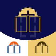 cross, Bible, and sun logo 