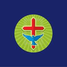 sun, circle, radiating, cross, yellow, blue, red, dove, missions, icon, badge 