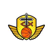 basketball and cross on a shield with wings 