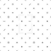 Seamless pattern created of signs such as wave, square, equal sign, arrow, drop, cross, triangular, infinity, hexagon, circle, sun, star, round, ring, moon, number or hashtag. Abstract seamless pattern designed in trendy flat thin style. The graphic element saved as a vector illustration in the EPS file format for used in your design projects. 
