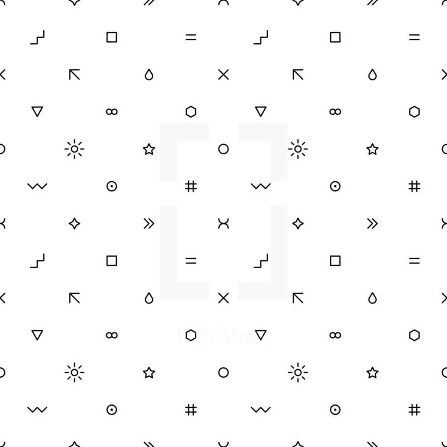 Seamless pattern created of signs such as wave, square, equal sign, arrow, drop, cross, triangular, infinity, hexagon, circle, sun, star, round, ring, moon, number or hashtag. Abstract seamless pattern designed in trendy flat thin style. The graphic element saved as a vector illustration in the EPS file format for used in your design projects. 