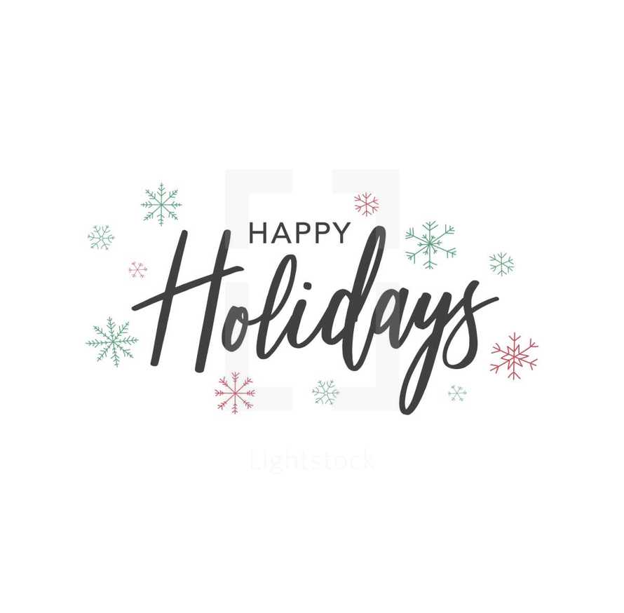 Happy Holidays Vector Text Design with Festive Red and Green Snowflakes Illustration for Holiday Christmas Celebration Over White Background