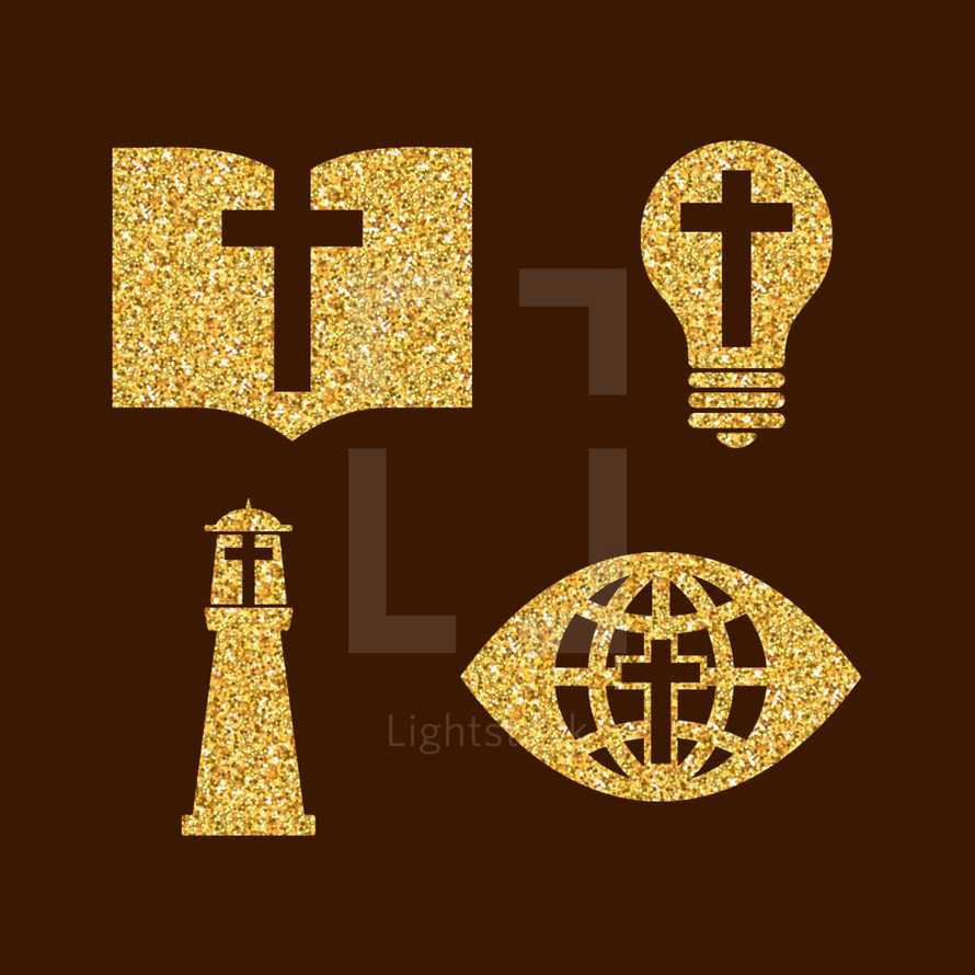 Bible, glitter, gold, cross, lighthouse, eyeball, eye, globe, missions, icons, lightbulb 