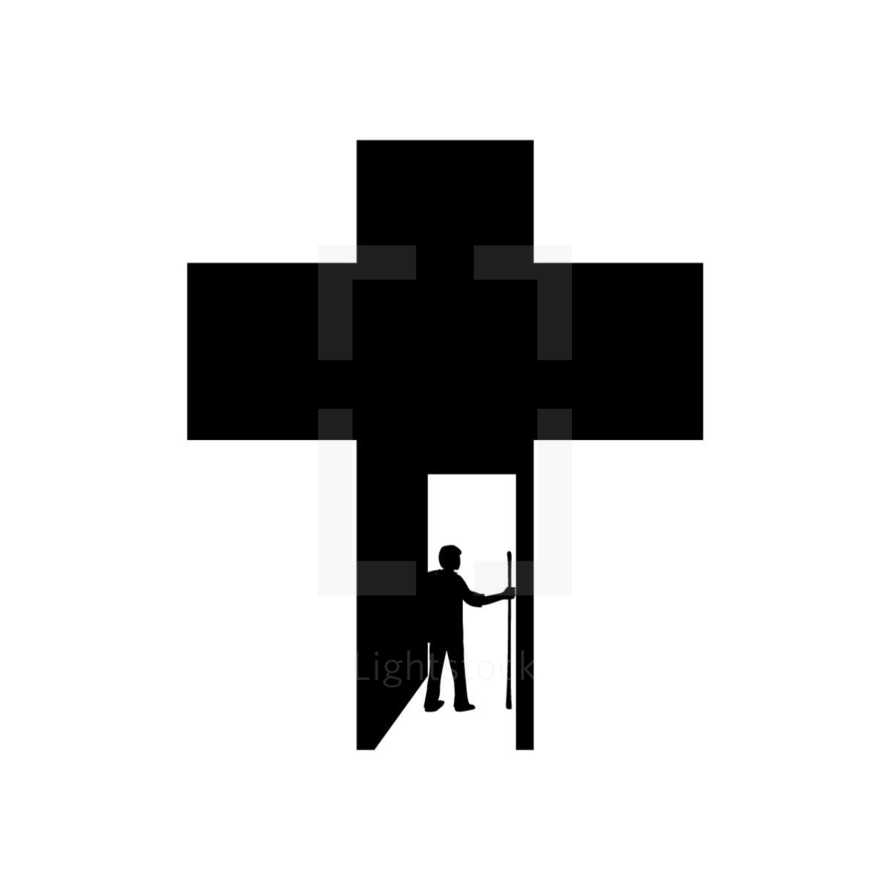 a man with a walking stick and a cross