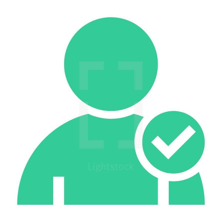 add a friend. Person user icon with check mark symbol. Member sign. Avatar button. Man pictogram. Web internet icon created in trendy flat style. Quick and easy recolorable shape isolated on white background. The graphic element saved as a vector illustration in the EPS file format for used in your design projects. 