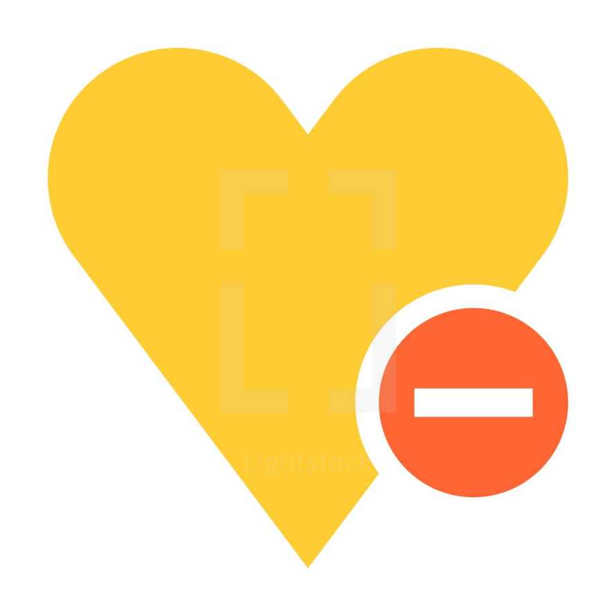 Yellow heart icon favorite sign liked button with red minus pictogram created in trendy flat style. Quick and easy recolorable shape isolated from the white background. The design graphic element saved as a vector illustration in the EPS file format for used in your design projects. 