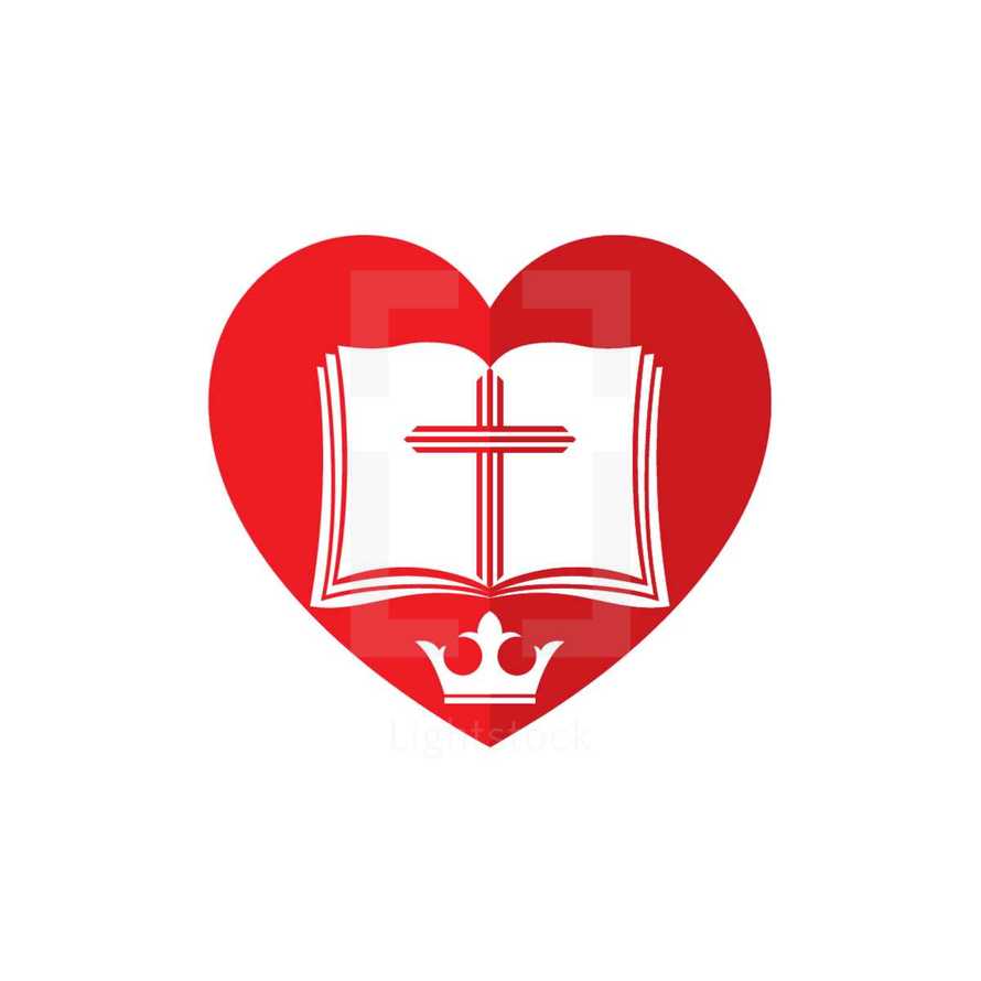 heart, red, white, Bible, love, crown, pages, cross