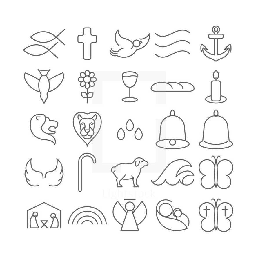 simple lines, mangers, icons, rainbow, sketches, angel, butterfly, Mary, baby Jesus, lamb, staff, angel wings, wings, waves, bell, hand bells, lion, water, drops, droplets, candle stick, candle, bread, wine, chalice, dove, flower, cross, Jesus fish, anchor, wind, holy spirit 
