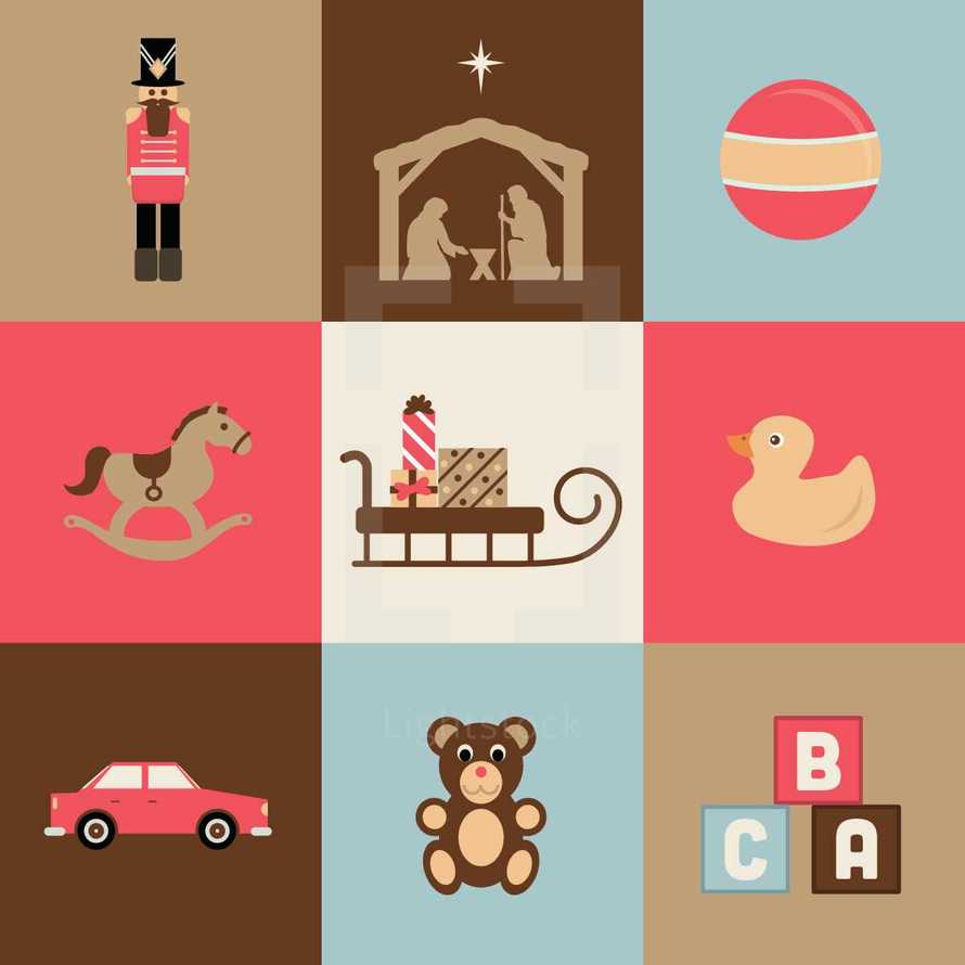 Christmas toy icons.  Nutcracker, nativity, ball, rocking horse, presents, gifts, sleigh, rubber ducky, duck, car, teddy, bear, letter blocks.