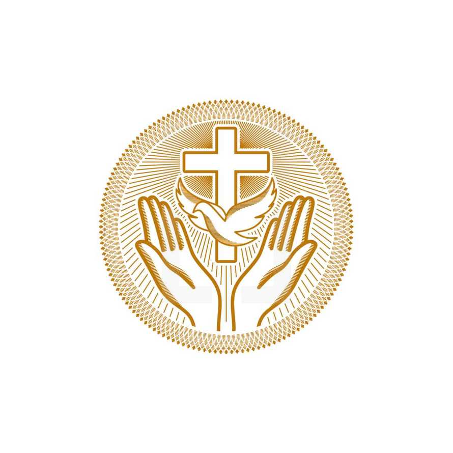 Church logo. Christian symbols. The symbol of the Holy Spirit is the dove, the cross of Jesus Christ, and the praying hands below.