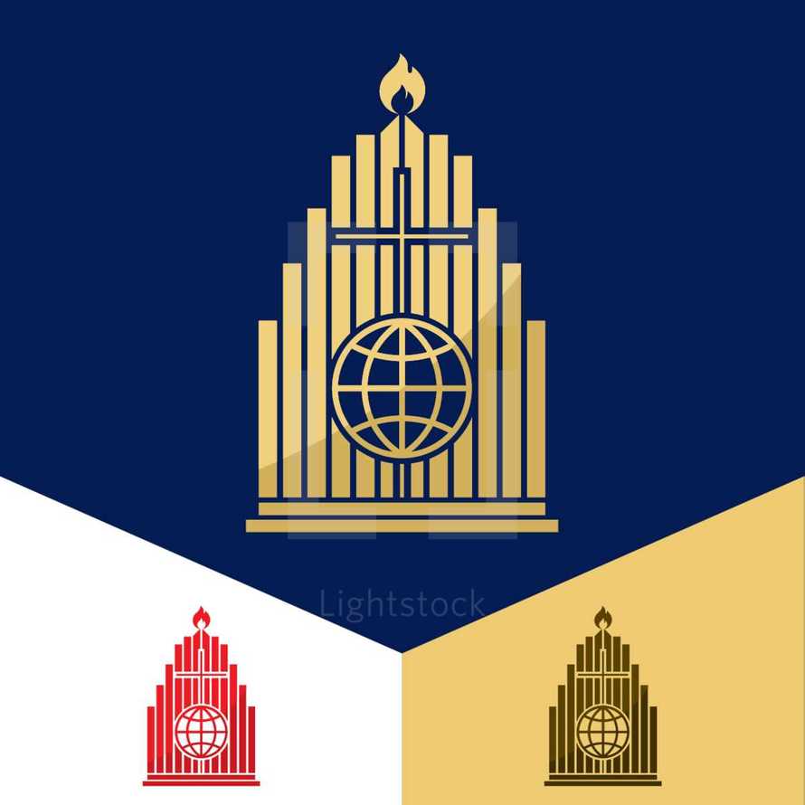 tongue of fire, world, globe, church, organ pipes, music, missions, cross, christianity, logo, icon