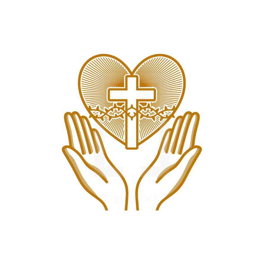Church logo. Christian symbols. Praying hands are directed to the heart with the crown of thorns of Jesus Christ.