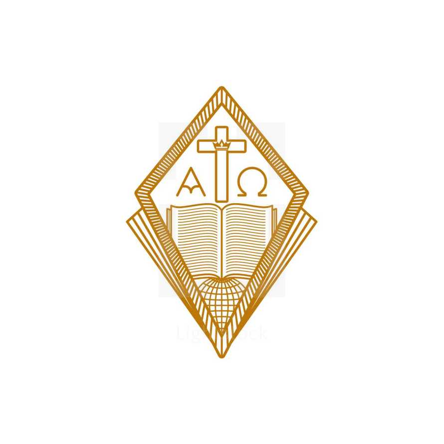 Church logo. Christian symbols. Globe, open bible, cross of Jesus Christ. Alpha and Omega.