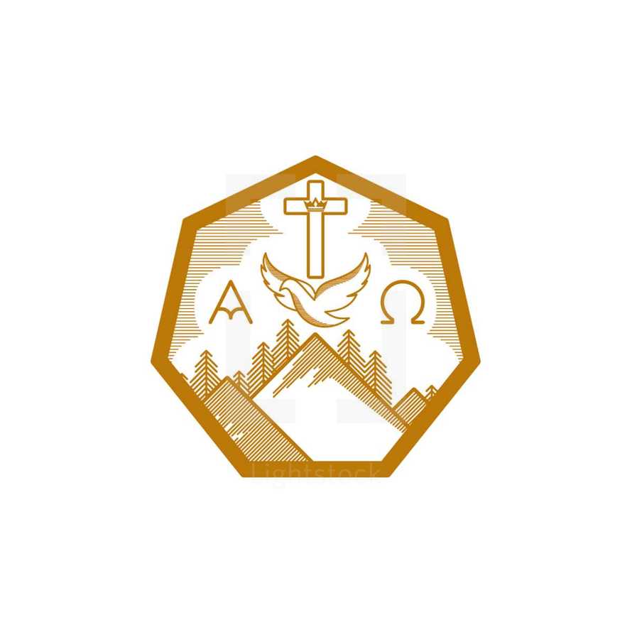 Church logo. Christian symbols. Mountains, the cross of Christ, the dove and the alpha and omega.