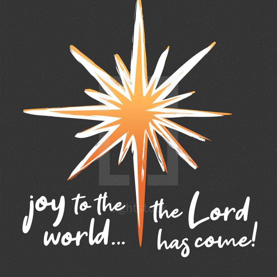 Christmas joy to the world lyrics hand drawn brush lettering words ideal for a church Christmas social media post or Christmas background. Features the Christmas star. Joy to the world the Lord has come!