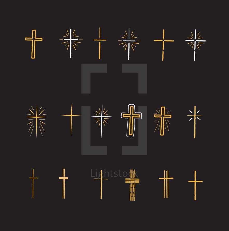Vector pack of 18 different cross icons.  These icons range in style from a simple cross, vintage cross, to a hand drawn cross with rays. These crosses will make great options to use for generic church logos or for church designs needs. 