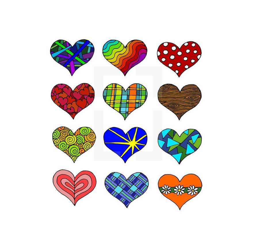 a lot of colorful hearts with different patterns. 
heart, hearts, colorfully, colorful, color, multicolored, pattern, patterns, patterned, patterning, figured, figure, love, couple, friend, friends, like, nice, friendly, sign, symbol, many, lot, differently, different, difference, various, several, diverse, blue, green, yellow, orange, red, purple, pink, rainbow, icon, icons, set, shape, dotted, dot, spotted, spot, striped, stripes, stripe, streaked, streak, star, triangle, triangles, checkered, plaid, check, square, floral, flowered, volute, voluted, helical, spiral