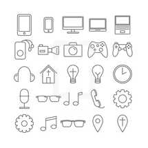 simple lines, gears, music notes, glasses, reading glasses, pin point, cross, phone, microphone, church, headphones, icons, lightbulbs, clock, camera, iPad, iPhone, computer screen, video game controller, nintendo ds, nintendo, xbox, video camera, electronics, iPod, earbuds