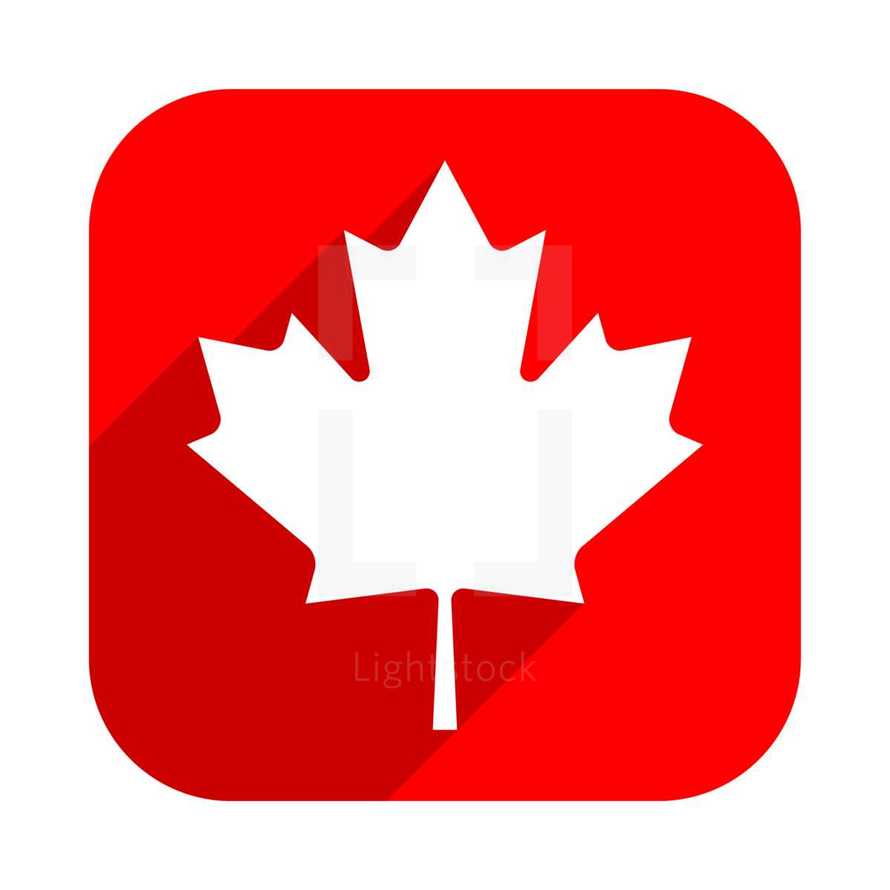 The Maple Leaf symbol with gray drop long shadow on red square shape in flat style. Canadian flag icon. This design graphic element is saved as a vector illustration in the EPS file format.
