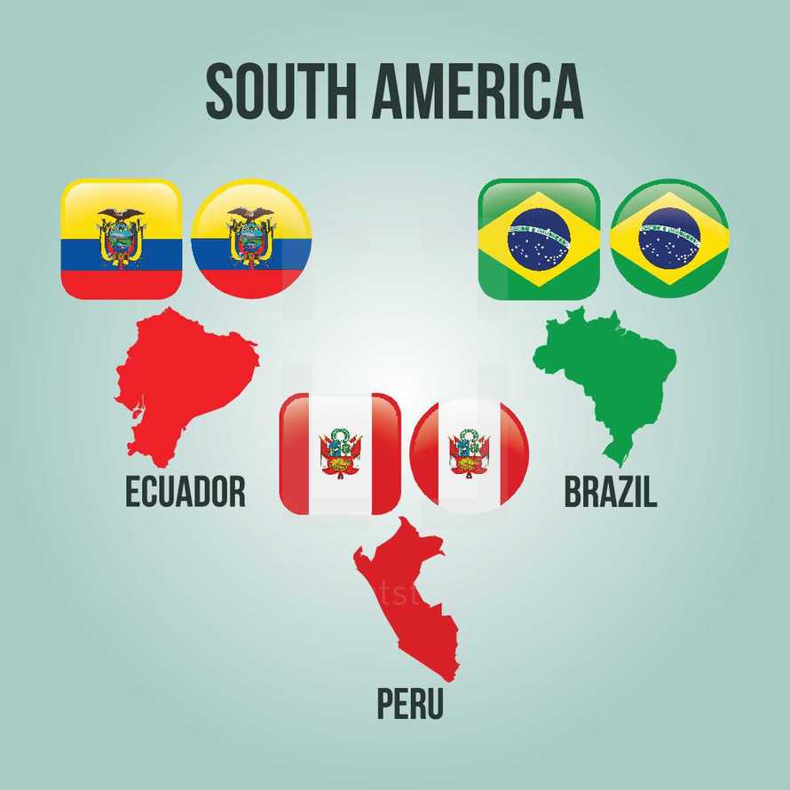 South American countries, Ecuador, Peru, Brazil, flags, illustration 