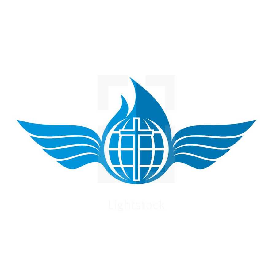 water droplet, globe, wings, cross, logo, icon, blue 