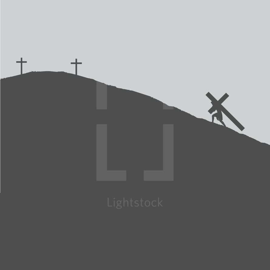 Minimalist Graphic Design Depiction featuring a Silhouette of Jesus Carrying His Own Cross up a Hill to be placed in between the two Crosses of the Thieves or Criminals to be used in the Crucifixion. 