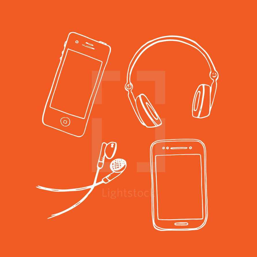 cellphone and headphones hand drawn illustrations. 