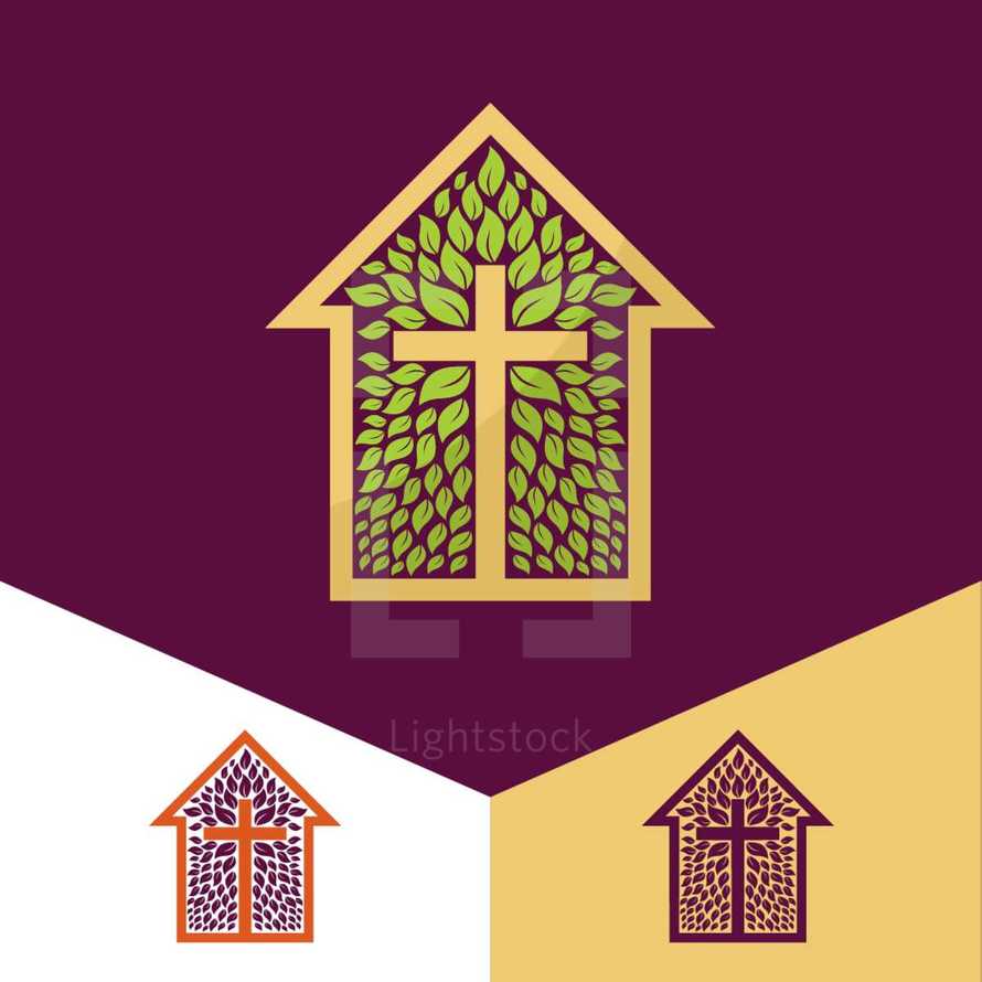 house with leaves and cross logo 