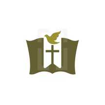 dove, Bible, and cross logo 
