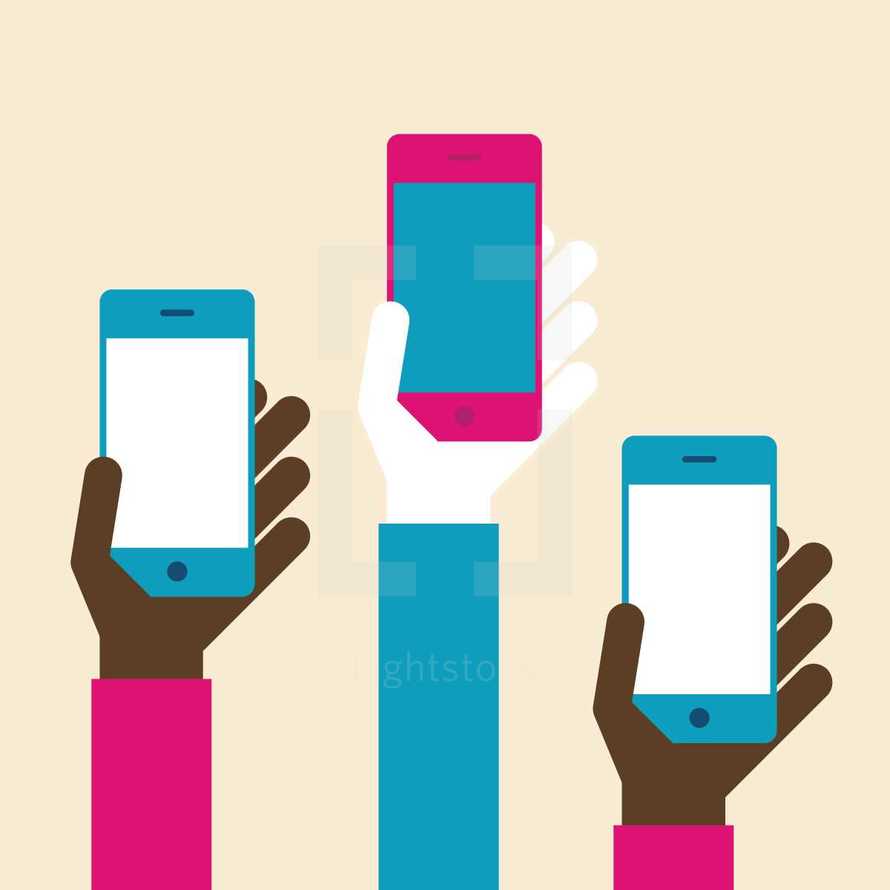 Vector illustration of hands holding cellphones