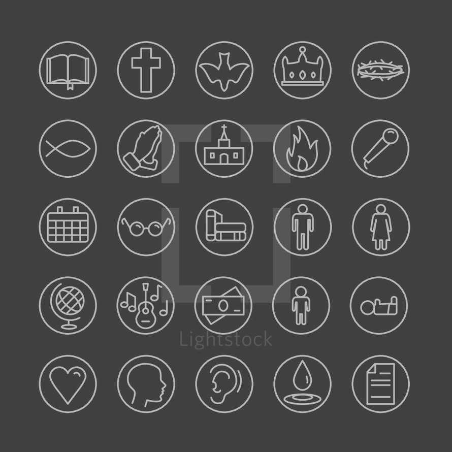 Simple line icons set, church media, iconic, calendar, prayer, money, music, worship, water, baptism, baby, child, man, woman, marriage, family, book, Bible, missions, bible study, fire, mic, fish, cross, dove, crown, crown of thorns, heart, books, paper, praying hands.