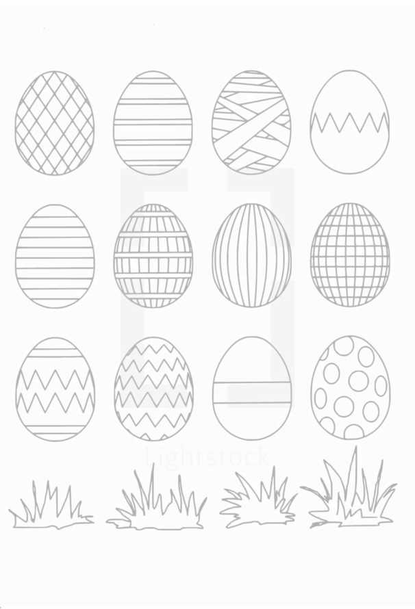 A lot of Easter eggs with different patterns to color yourself for Sunday school. 
