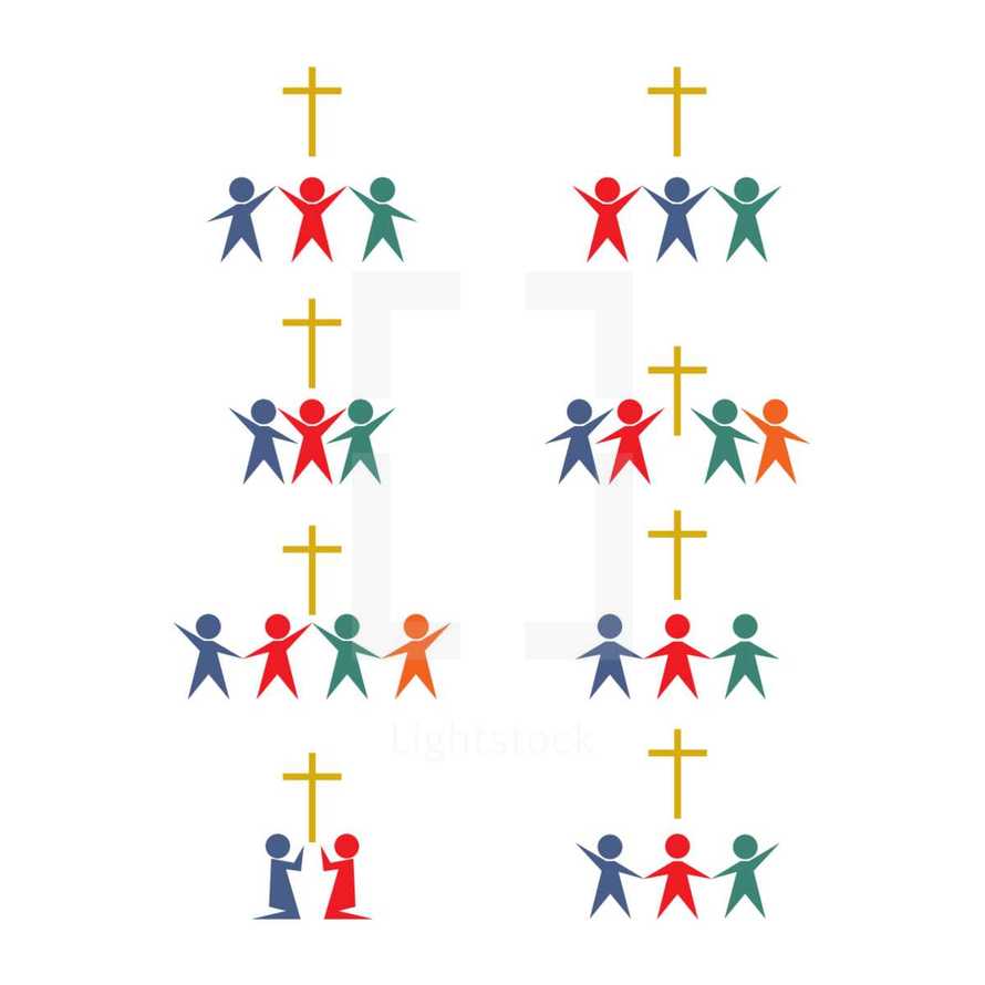 church, cross, membership, fellowship, people, icon, kneeling, colorful 