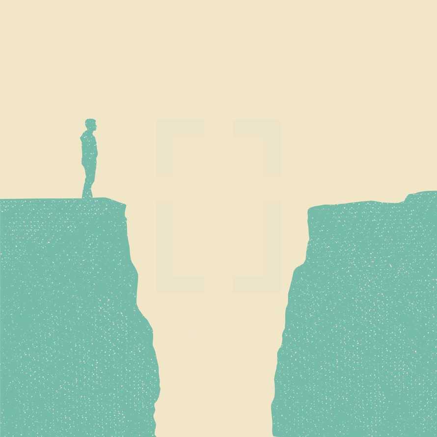 Illustration of a man on a cliff and gap.
