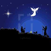 Christmas story. Night Bethlehem. An angel appeared to the shepherds to tell about the birth of the Savior Jesus into the world.
