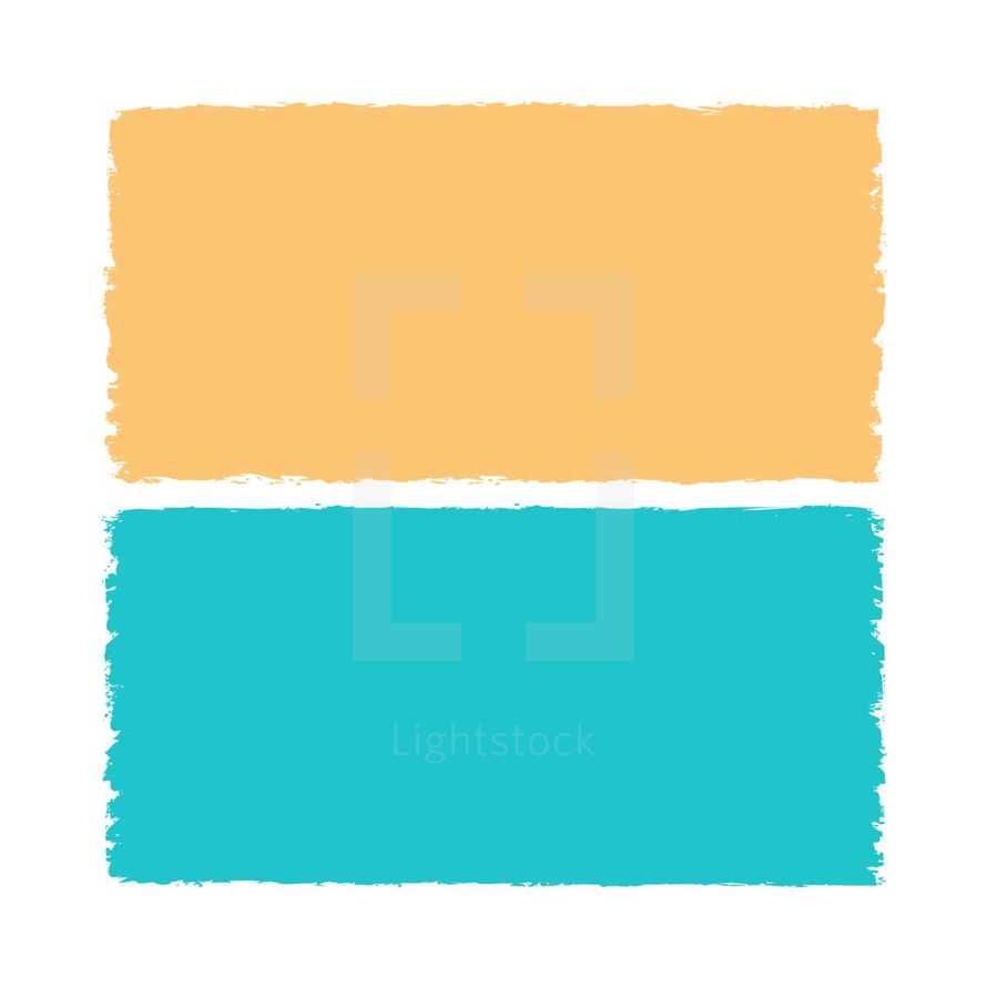 The yellow and blue paint brush stroke is drawn by hand. Paintbrush drawing on canvas. Hand-drawn brushstroke beige and teal texture on paper. Square shape. Rectangle shape. The graphic element saved as a vector illustration in the EPS file format for used in your design projects. 
