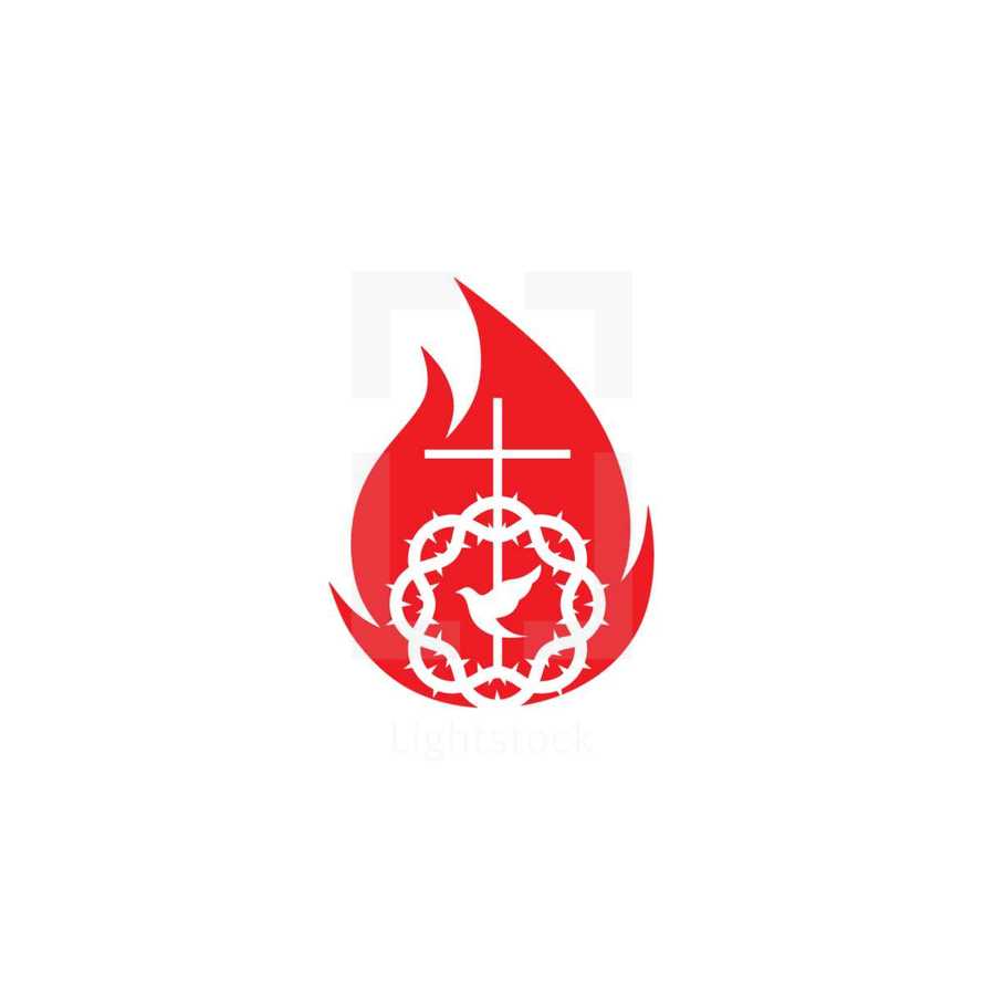 flame, cross, crown of thorns, dove, icon, red