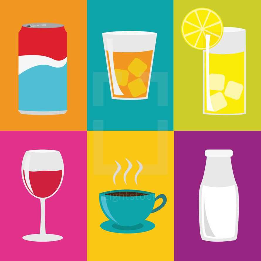 drinks, icons, wine, coffee, milk, lemonade, soda, aluminum can, steam, tea, glass, lemon