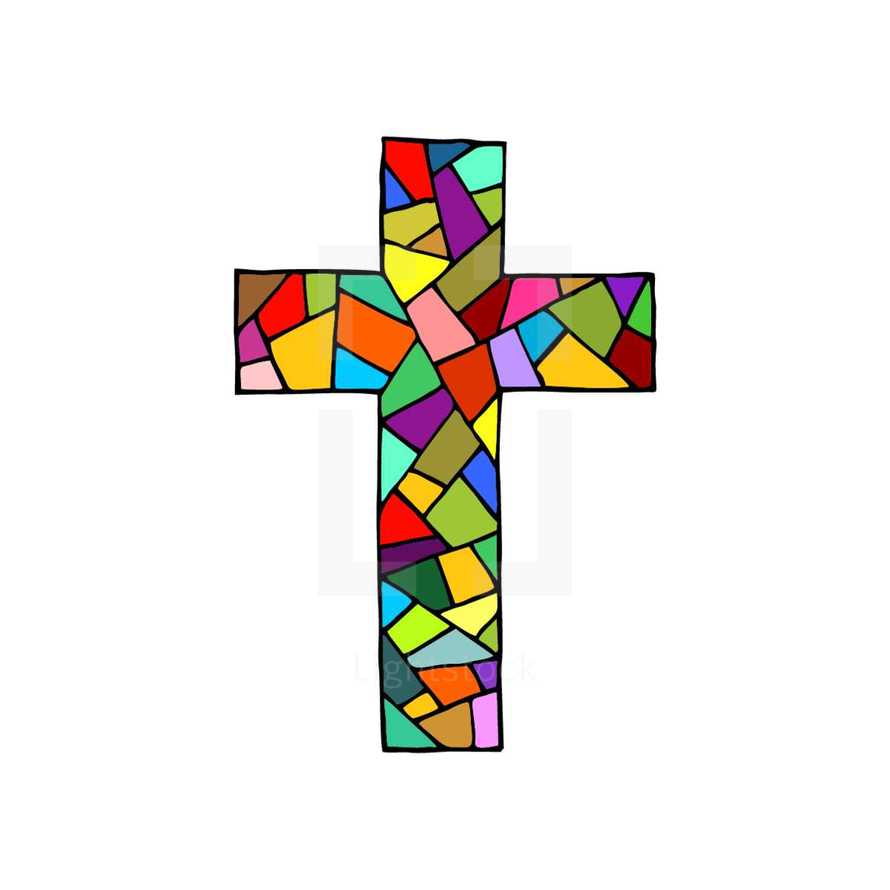 The cross of the Lord and Savior Jesus Christ, made in the technique of mosaic, hand-drawn. Christian and biblical symbols.