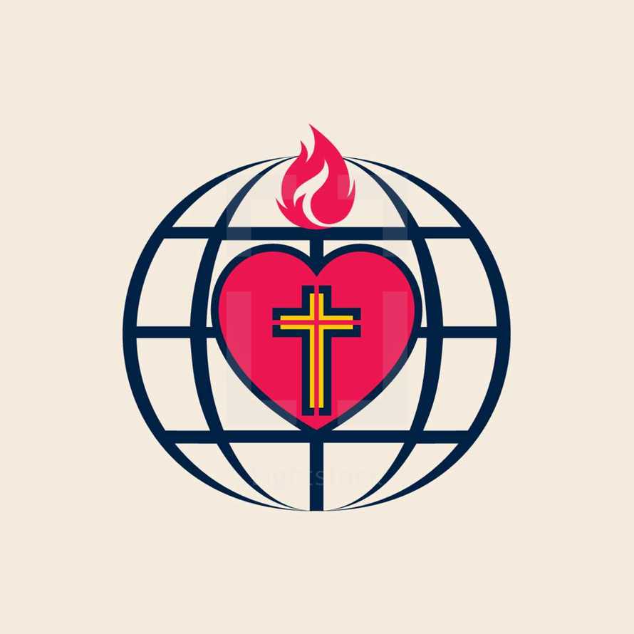 missions, globe, heart, cross, flame, love
