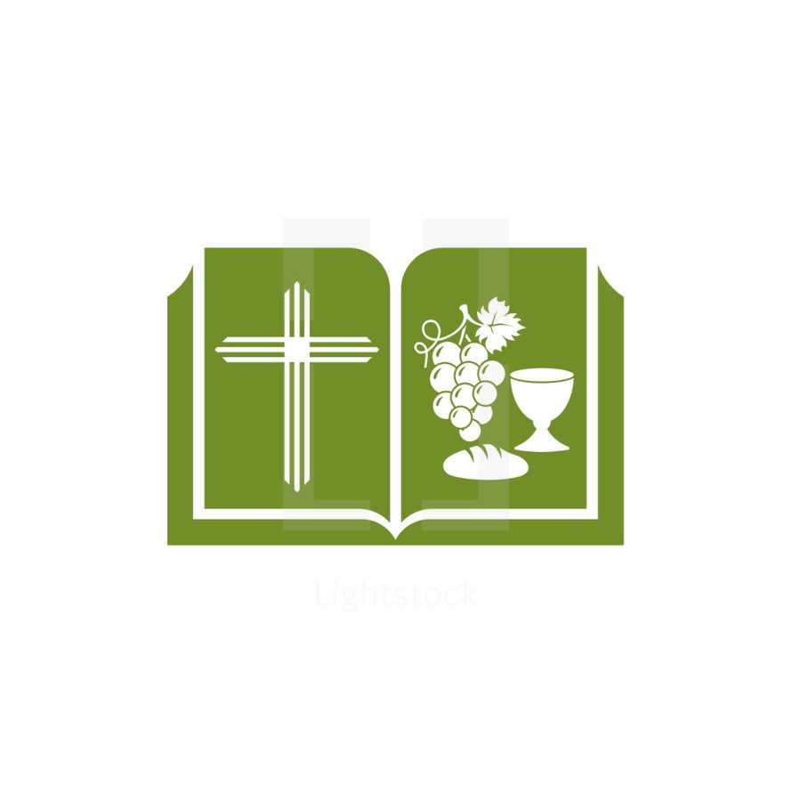 Bible, green, cross, communion, grapes, chalice, wine, icon
